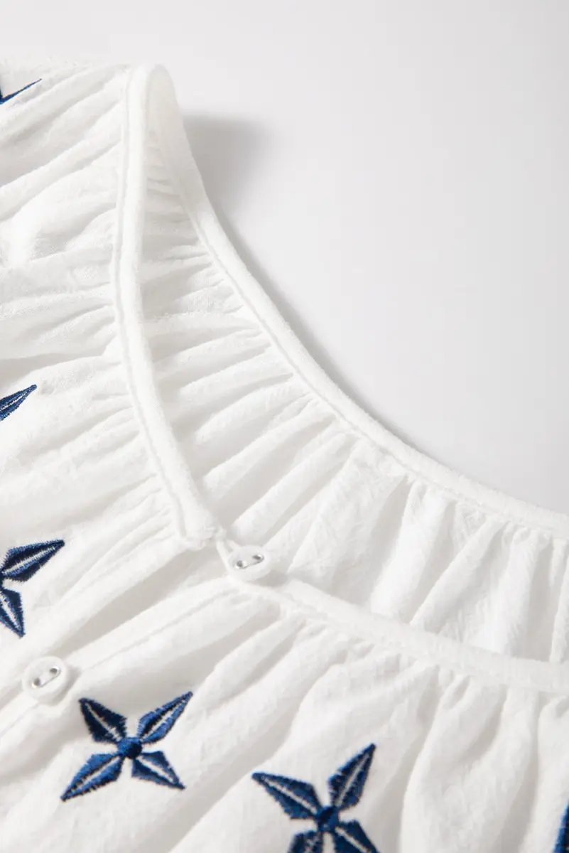 White Geometric Embroidered Long Sleeve Blouse for Women - Love Salve